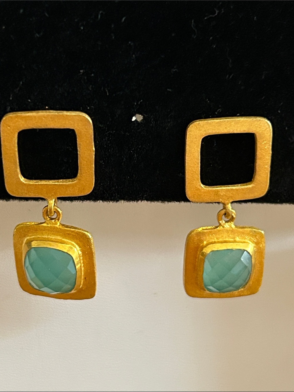 Gold-Tone Teal Accent Square Drop Earrings